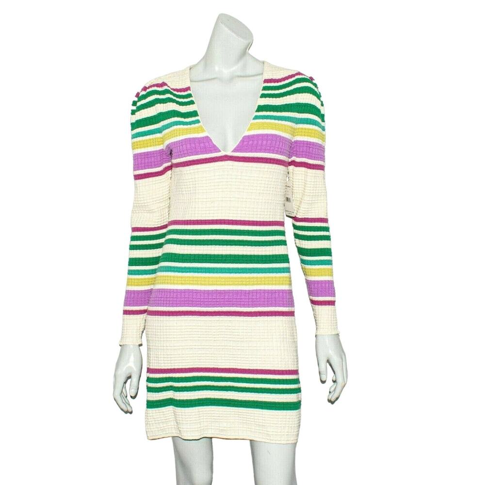 Free People Cream Knit Mini Dress with Green, Purple & Yellow Stripes